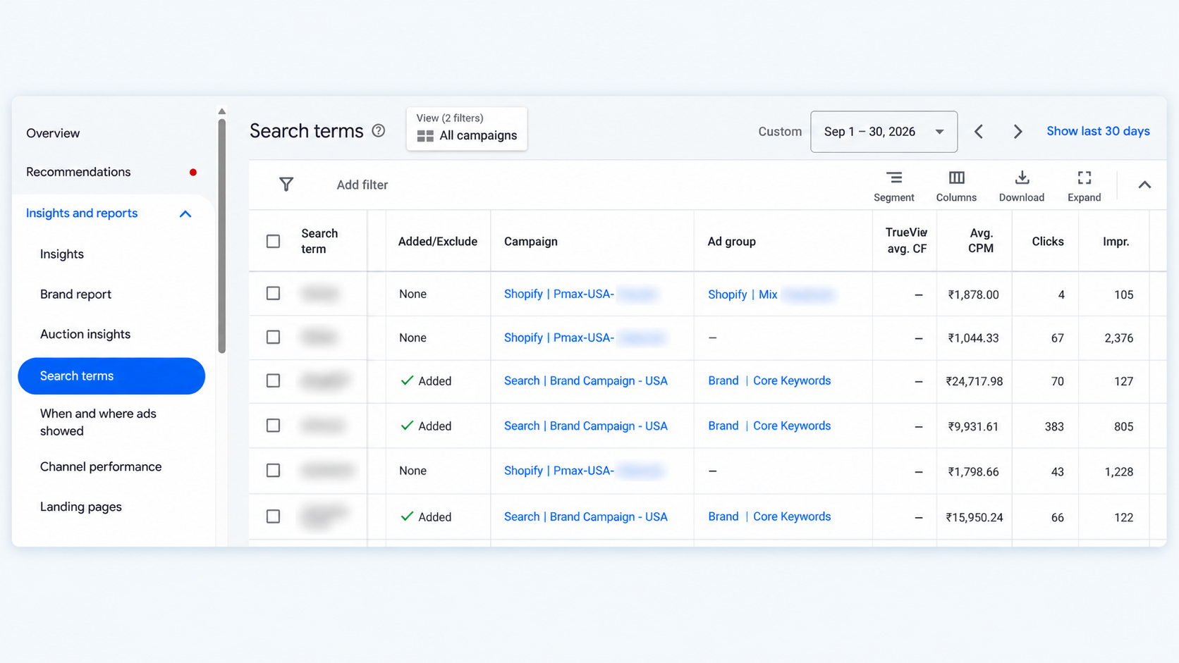 Search term report from Google Ads